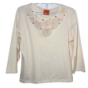 Hearts of Palm Ivory Floral Applique Embellished 3/4 Sleeve Top M